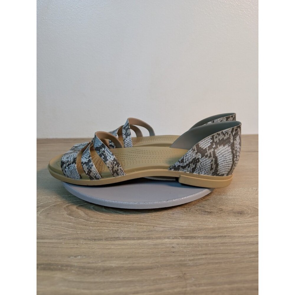 Crocs Sandals Womens 11 Gray Tan Snake Tulum Open Toe Flat 3-Strap Flat Iconic - Picture 6 of 8